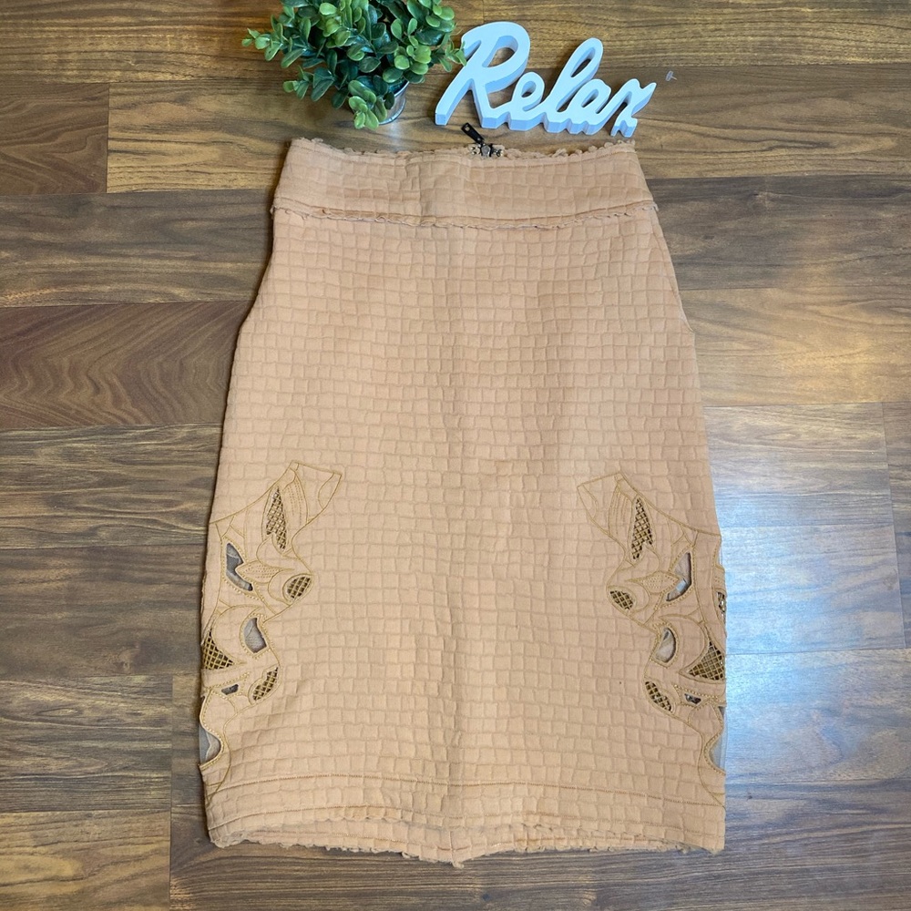Anthropologie tan midi skirt with details on side